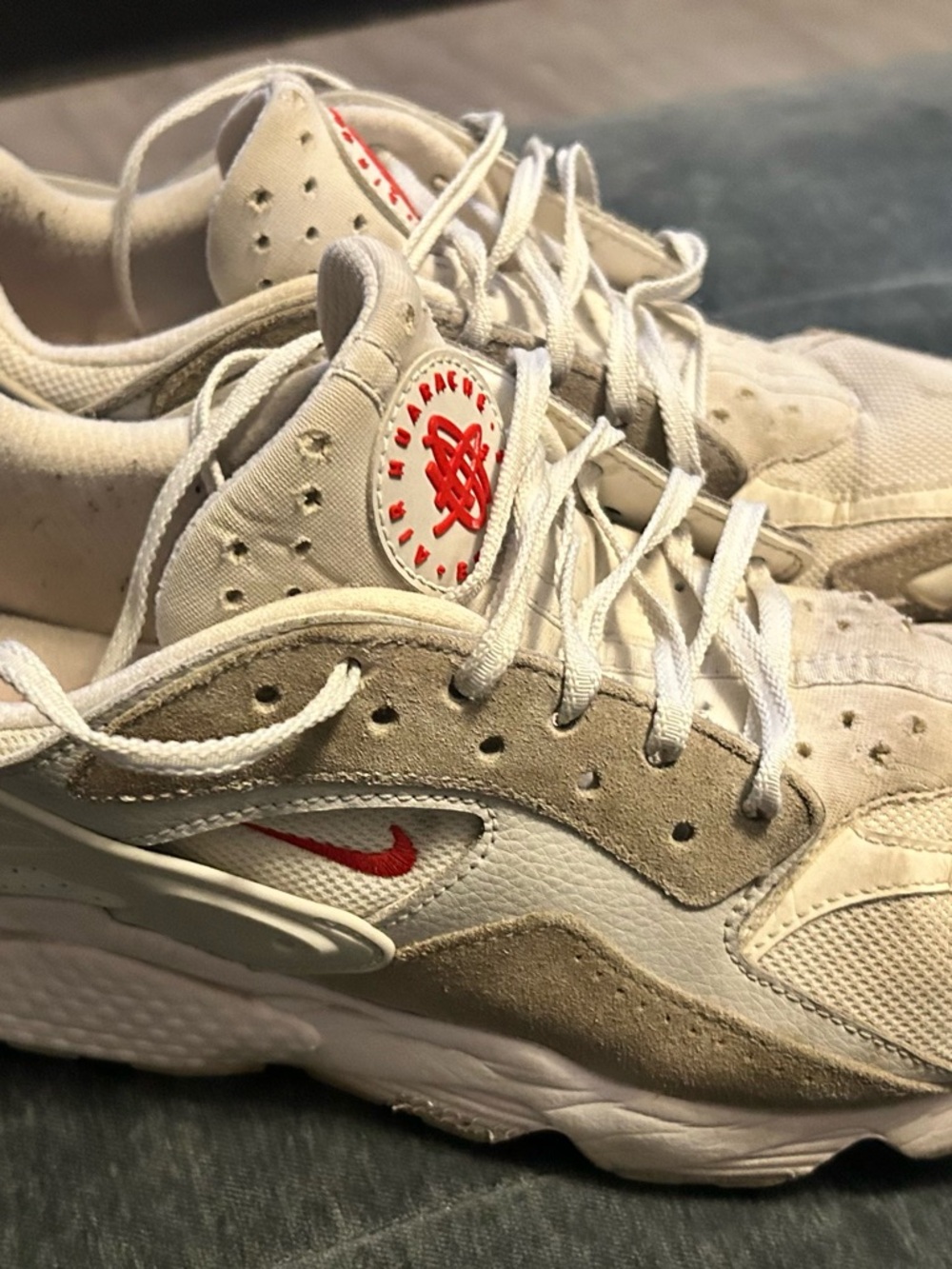 Nike White and Beige Suede Mesh Sneakers with Red Swoosh